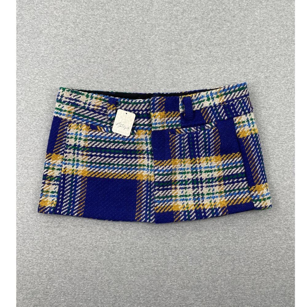 NWT Free People Mille Fleurs Plaid Micro Mini Skirt 12 Navy Yellow Wool-Blend